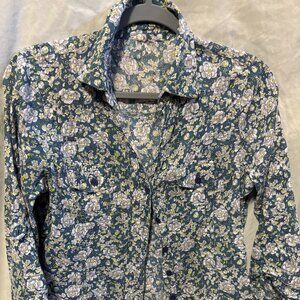 Women's Buttoned Up Collared Shirt - Teal w/ White & Yellow Flowers - Size S